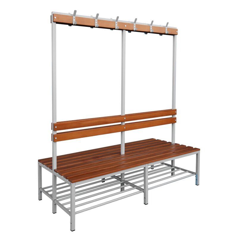 Umkleidebank, doppelseitig, Schuhrost, Haken, Breite 1.200 mm, Sitzhöhe 400 mm, Stahl mit Holzleisten, Gestell: lichtgrau, Sitzleisten: Buche