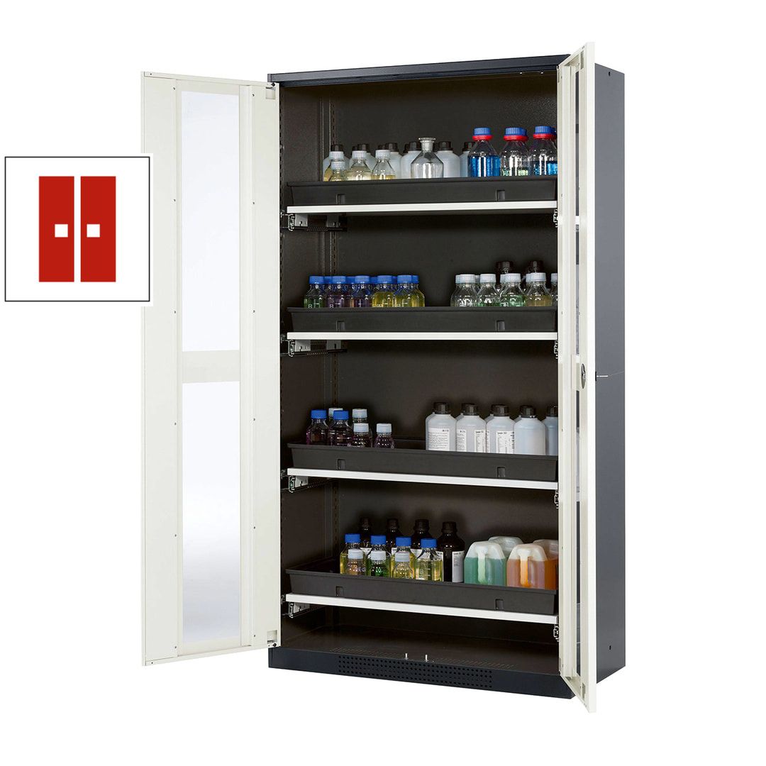 Chemikalienschrank - Falttüren - 1.950 x 1.055 x 520 mm (HxBxT) - 4 Tablarauszüge - anthrazitgrau/enzianblau