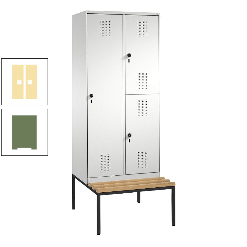 Garderobenschrank, Spind ein- und doppelstöckig Sitzbank, 2 Abteile, 3 Fächer, 2.090 x 800 x 500 mm (HxBxT), Front anthrazitgrau, Korpus anthrazitgrau