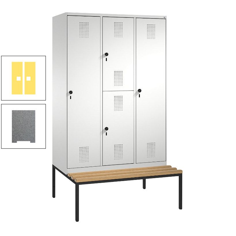Garderobenschrank, Spind ein- und doppelstöckig Sitzbank, 3 Abteile, 4 Fächer, 2.090x1.200x500 mm (HxBxT), Front anthrazitgrau, Korpus anthrazitgrau