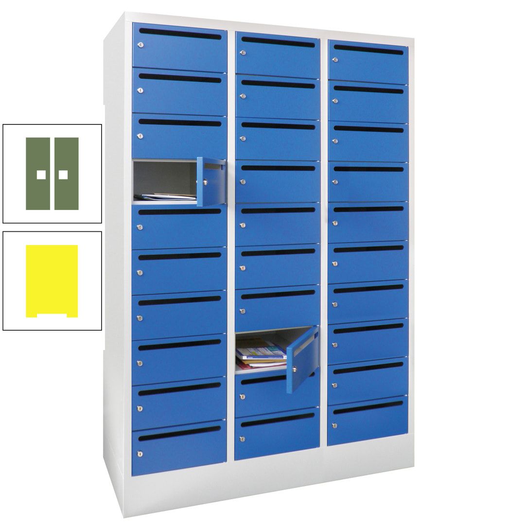 Postverteilerschrank, Schließfachschrank, 3 Abteile a 300 mm, 30 Fächer, 1.850 x 900 x 500 mm (HxBxT), Korpus anthrazitgrau, Front anthrazitgrau