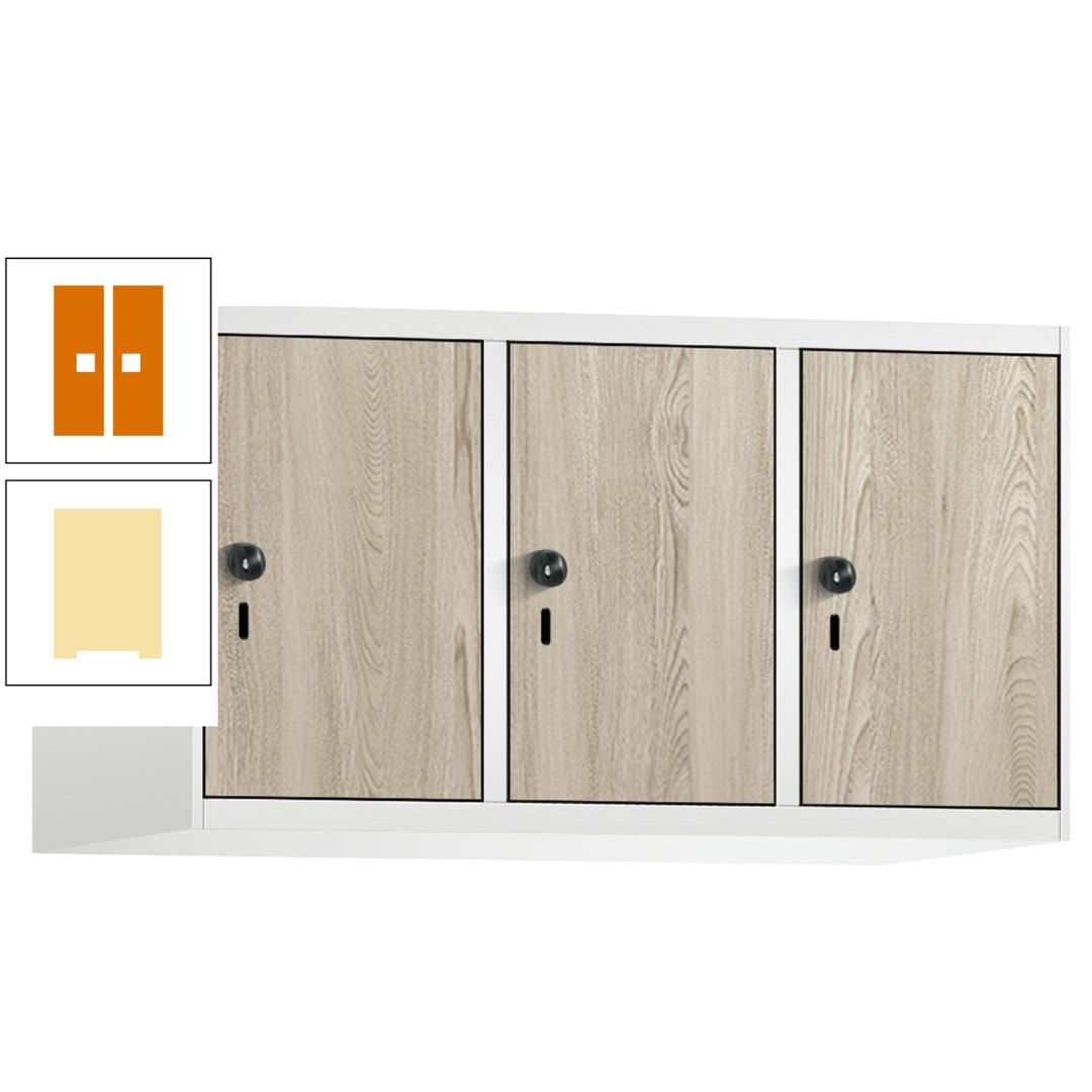 Aufsatzschrank, Schrankaufsatz, 3 Fächer a 300 mm, Farbe Pastellgelb, Tür anthrazitgrau, 500 x 900 x 500 mm (HxBxT)