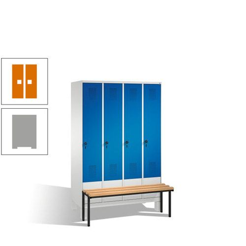 Stahl-Garderobenschrank, Spind, Buche Sitzbank vorgebaut, 4 Abteile a 300 mm, Korpus Lichtgrün, Tür Schwefelgelb, 1.850 x 1.200 x 815 mm (HxBxT)