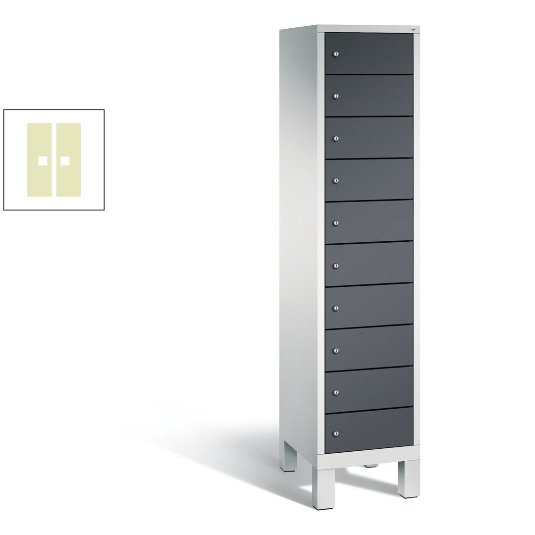 Laptopschrank, Tabletschrank, Computerschrank auf Füßen, 10 Fächer, 1.850 x 420 x 500 mm (HxBxT), Korpus gelborange, Tür anthrazitgrau