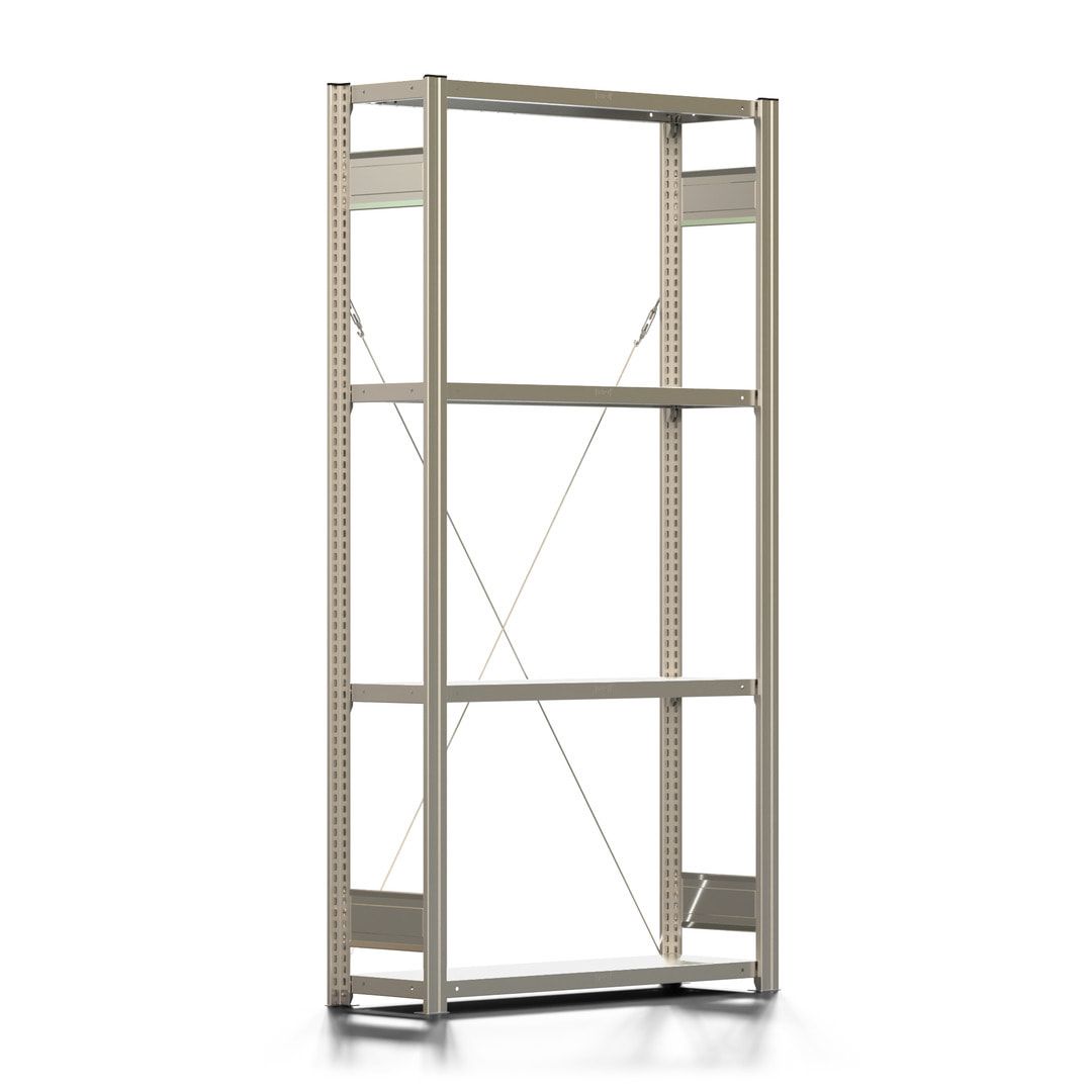 Fachbodenregal mit Tiefenriegel - 150 kg - 2.000 x 1.005 x 300 mm (HxBxT) - verzinkt 4 Böden - Anbauregal, Steckregal, Lagerregal, BERT