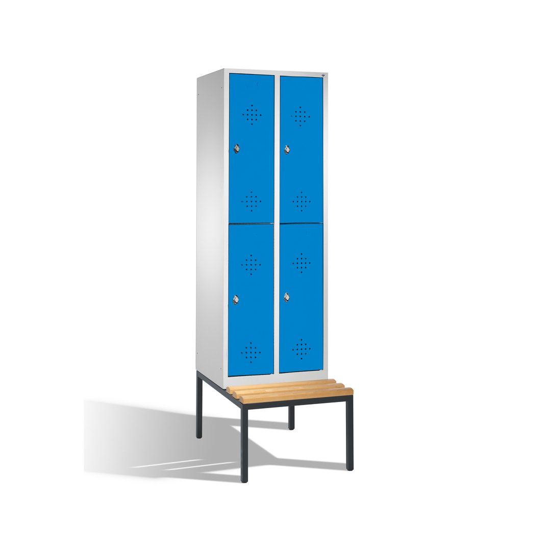 Garderobenschrank, Spind, 2 Abteile, 4 Fächer, 2.090 x 610 x 815 mm (HxBxT), Hartholz Sitzbank untergebaut, Korpus weißaluminium, Türen anthrazitgrau