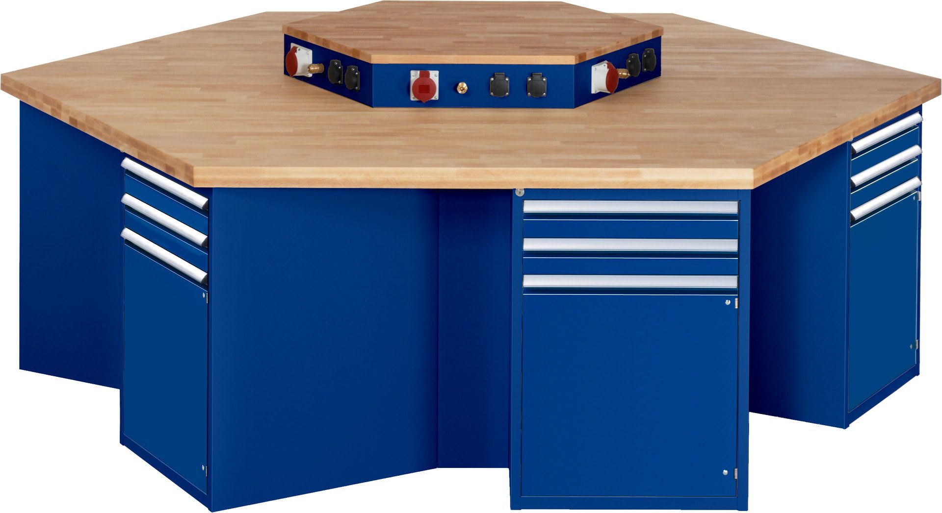 Gruppenwerkbank, Buche, Höhe 840 mm, mit Energieaufsatz, Unterbau-Container, 2 Schubladen, 1 Tür, 1 Boden - Anthrazitgrau