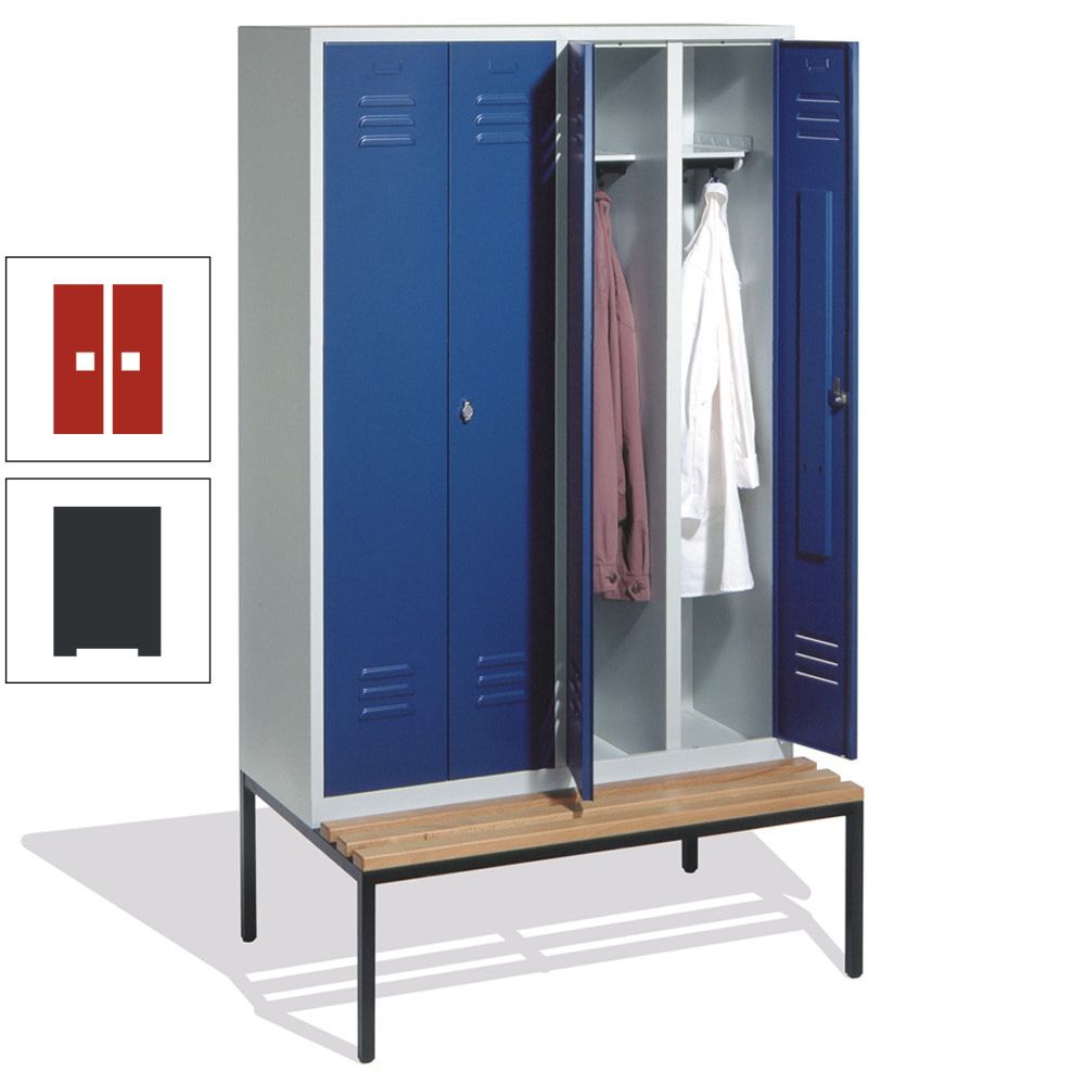 Doppel-Spindschrank, Buche Sitzbank untergebaut, 4 Abteile a 300 mm, Korpus lichtgrau, Tür anthrazitgrau, 2.090 x 1.190 x 815 mm (HxBxT)