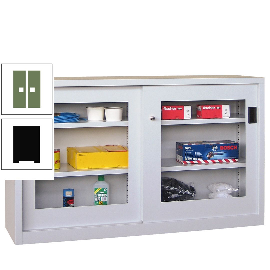 Schiebetürenschrank - Sichtfenstertüren - 1.000x1.500x600 mm (HxBxT) - 4 Böden, verzinkt - Zylinderschloss - anthrazitgrau