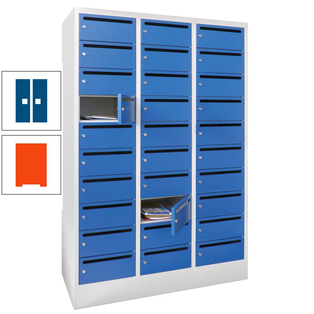 Postverteilerschrank, Schließfachschrank, 3 Abteile a 300 mm, 30 Fächer, 1.850 x 900 x 500 mm (HxBxT), Korpus anthrazitgrau, Front anthrazitgrau
