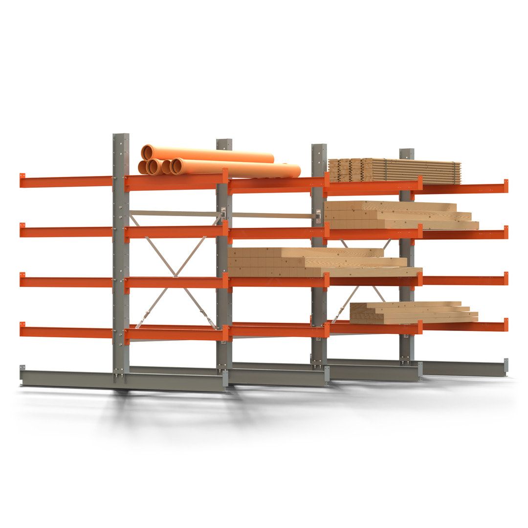 Doppelseitiges Kragarmregal, 2 Felder, 2.000 x 2.560 x 1.120 mm (HxBxT), Nutztiefe 500 mm, Kragarmlast 870 kg, KARL basic, silbergrau/reinorange