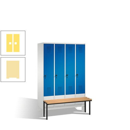 Stahl-Garderobenschrank, Spind, Buche Sitzbank vorgebaut, 4 Abteile a 300 mm, Korpus Lichtgrün, Tür Schwefelgelb, 1.850 x 1.200 x 815 mm (HxBxT)