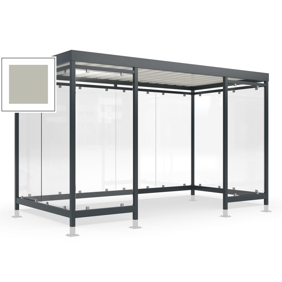 Raucherunterstand für 12-13 Personen, Bushaltestelle, mit Überpflasterung, 2.440 x 4.195 x 2.165 mm (HxBxT), 10 Wände, Achatgrau