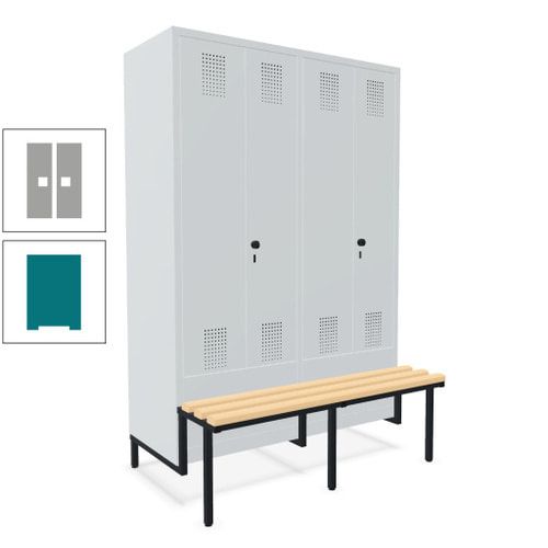 Doppel-Spind, Garderobenschrank, Buche Sitzbank integriert, 4 Abteile 300 mm, Korpus anthrazitgrau, Tür anthrazitgrau, 1.850 x 1.200 x 815 mm (HxBxT)