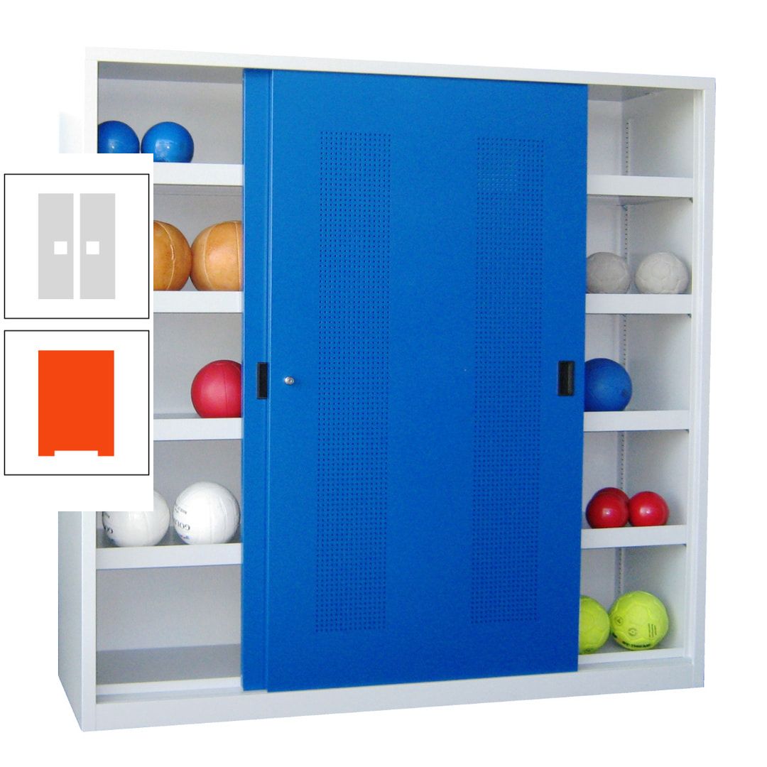 Ballschrank - Schiebetüren mit Lochfeld - Trennwand - 8 Böden - 1.950x2.000x600 mm (HxBxT) - anthrazitgrau