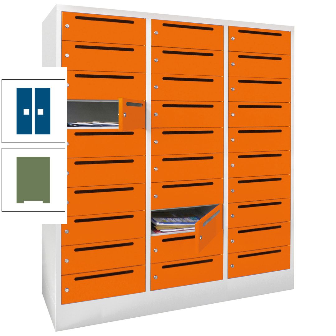 Postverteilerschrank, Schließfachschrank, 3 Abteile a 40 cm, 30 Fächer, 1.850 x 1.200 x 500 mm (HxBxT), Korpus anthrazitgrau, Front anthrazitgrau