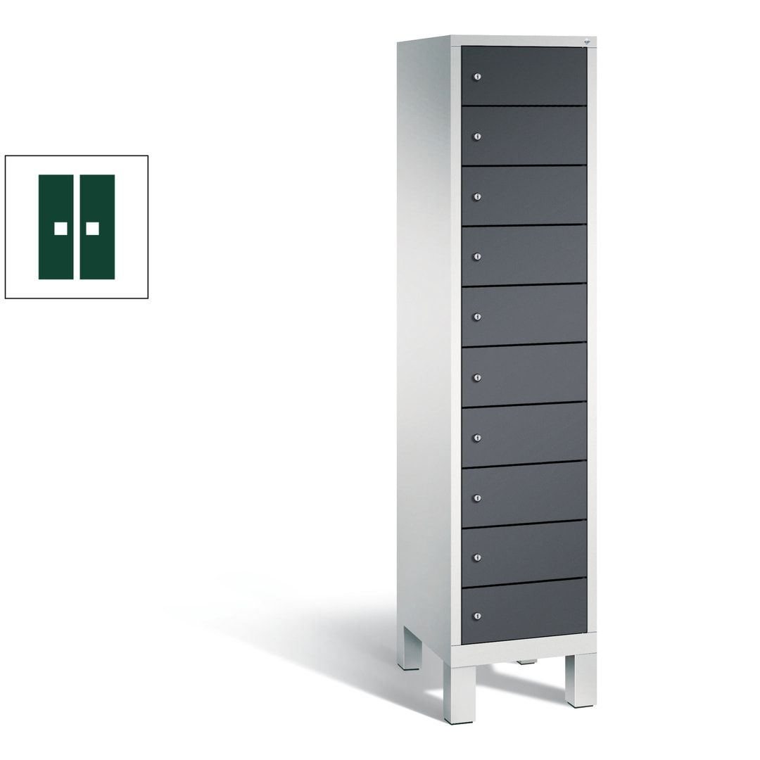 Laptopschrank, Tabletschrank, Computerschrank auf Füßen, 10 Fächer, 1.850 x 420 x 500 mm (HxBxT), Korpus gelborange, Tür anthrazitgrau