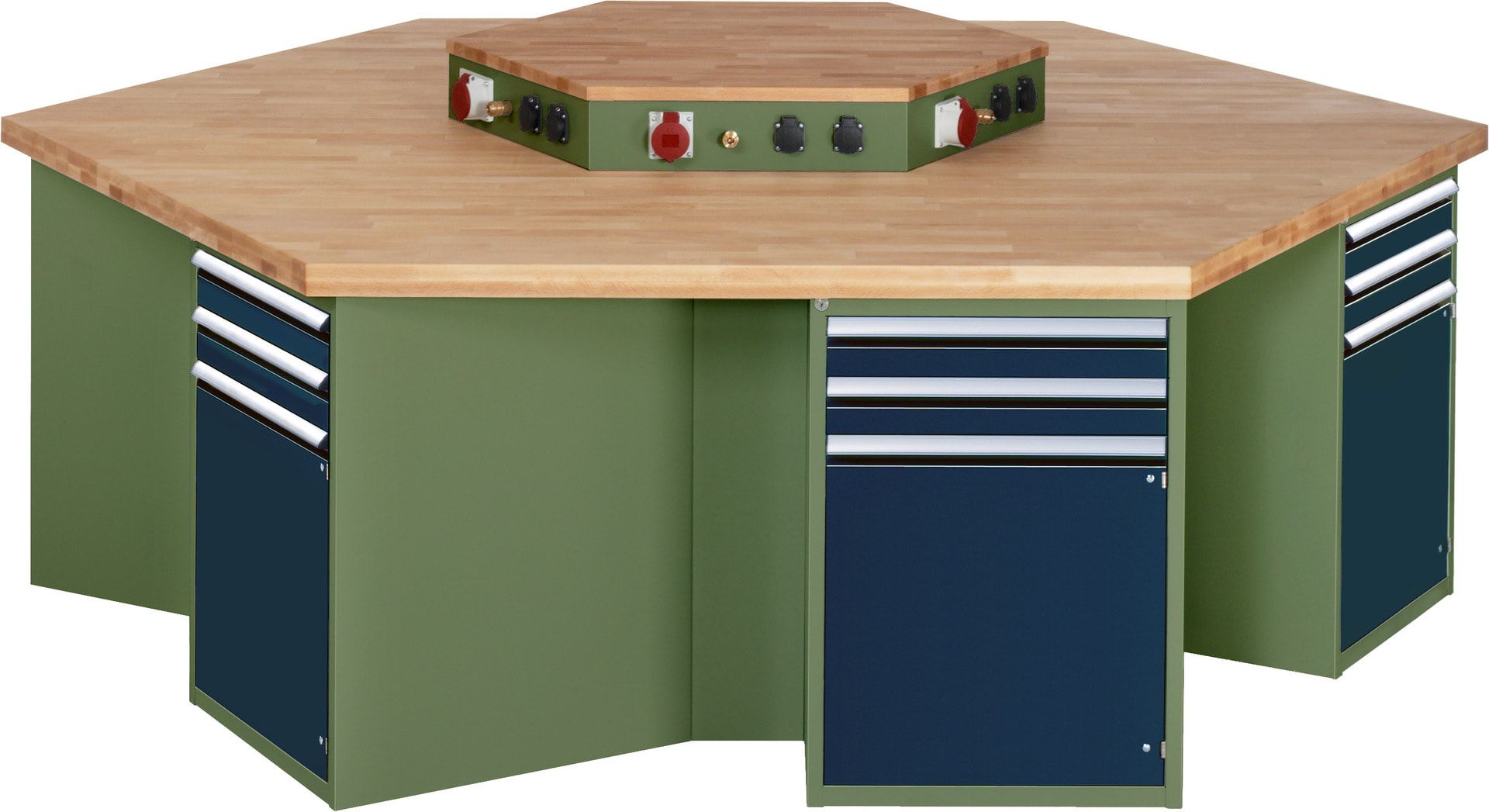 Gruppenwerkbank, Buche, Höhe 840 mm, mit Energieaufsatz, Unterbau-Container, 2 Schubladen, 1 Tür, 1 Boden - Anthrazitgrau