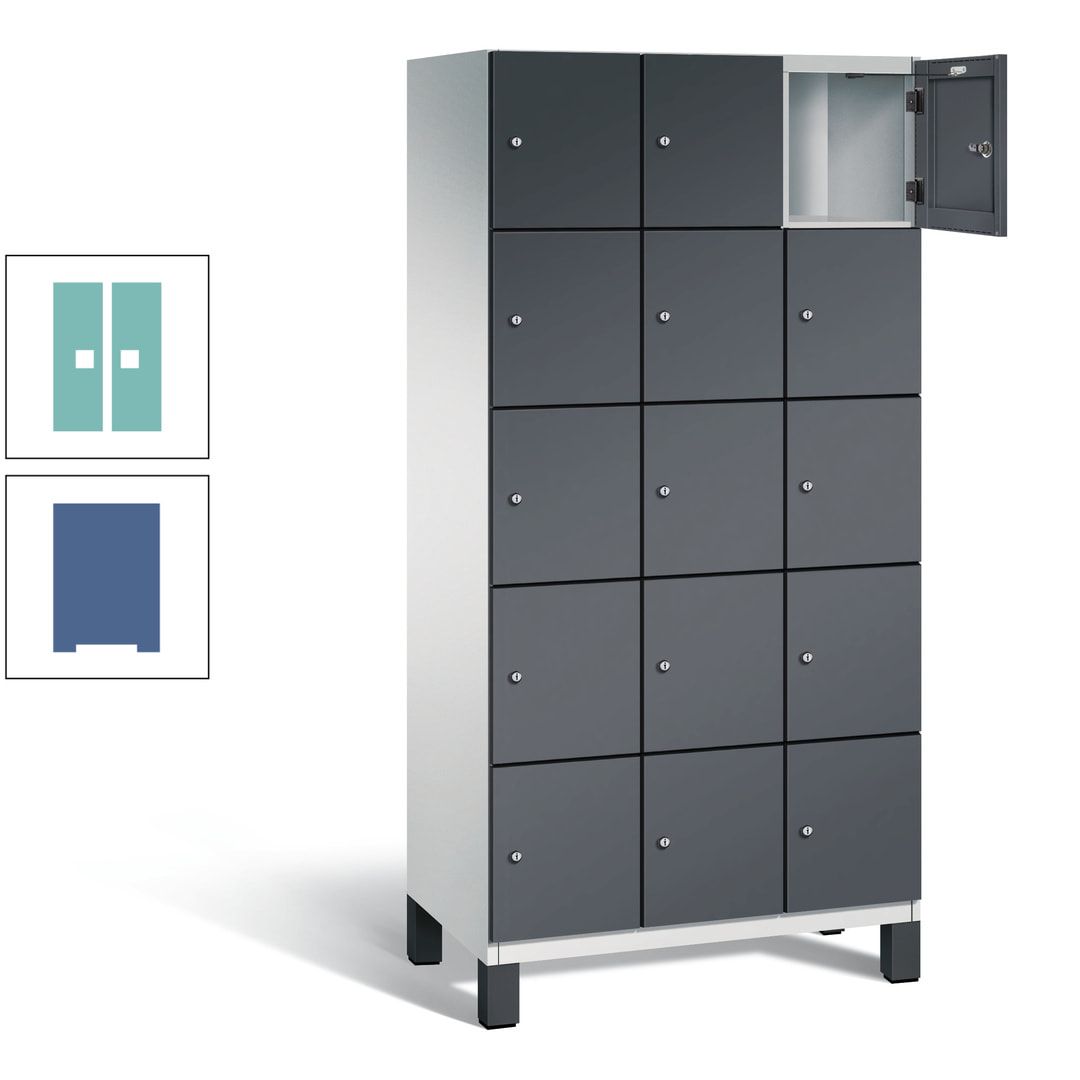 Fächerschrank, Stahlschrank, 15 Fächer, Türöffnungsbegrenzer, Füße, 1.980 x 900 x 525 mm (HxBxT), Korpus anthrazitgrau, Front anthrazitgrau