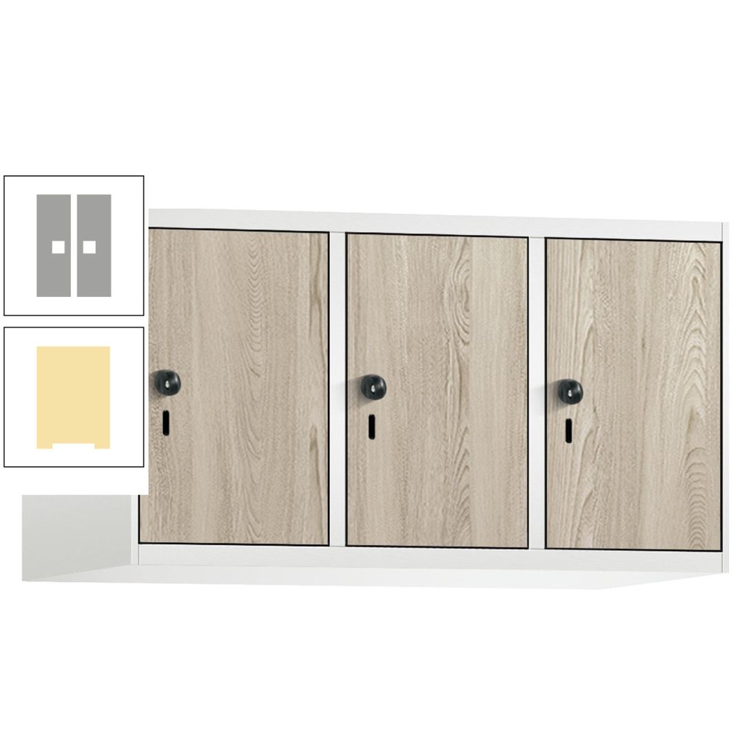 Aufsatzschrank, Schrankaufsatz, 3 Fächer a 300 mm, Farbe Pastellgelb, Tür anthrazitgrau, 500 x 900 x 500 mm (HxBxT)