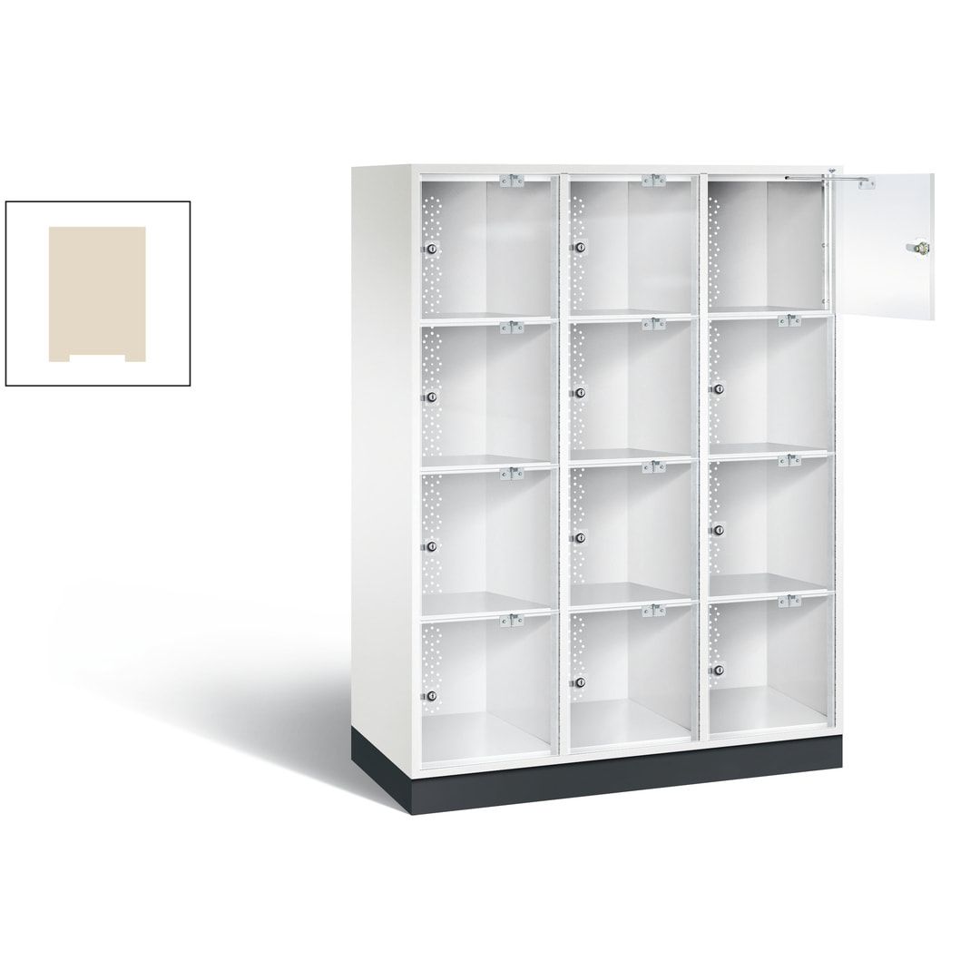 Schließfachschrank, Fächerschrank mit Türen aus Acrylglas, 3 Abteile, 12 Fächer, Zylinderschloss, 1.750 x 1.220 x 500 mm (HxBxT), Korpus anthrazitgrau
