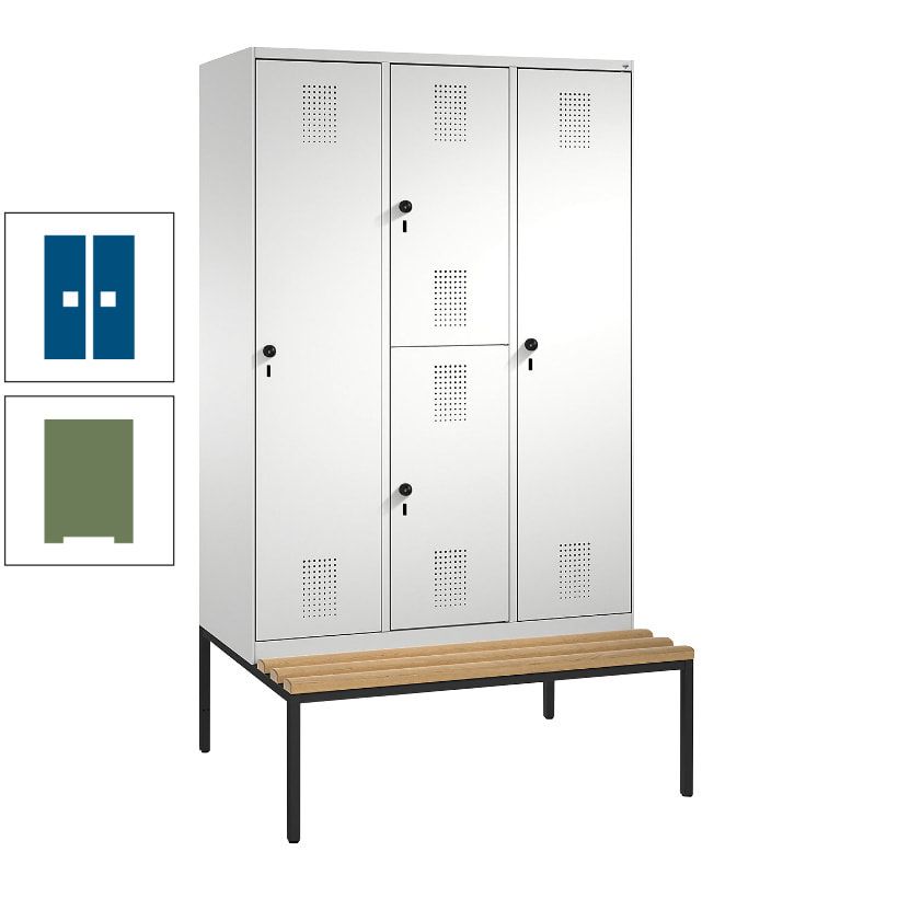 Garderobenschrank, Spind ein- und doppelstöckig Sitzbank, 3 Abteile, 4 Fächer, 2.090x1.200x500 mm (HxBxT), Front anthrazitgrau, Korpus anthrazitgrau