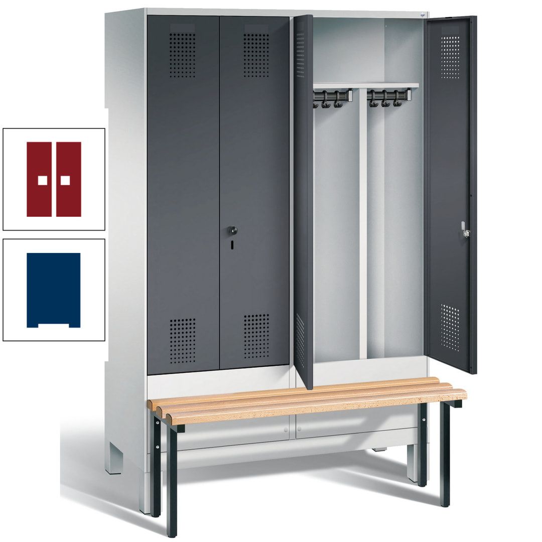 Doppel-Spind, Garderobenschrank, Buche Sitzbank vorgebaut, 4 Abteile a 300 mm, Korpus feuerrot, Tür Wasserblau, 1.850 x 1.200 x 815 mm (HxBxT)