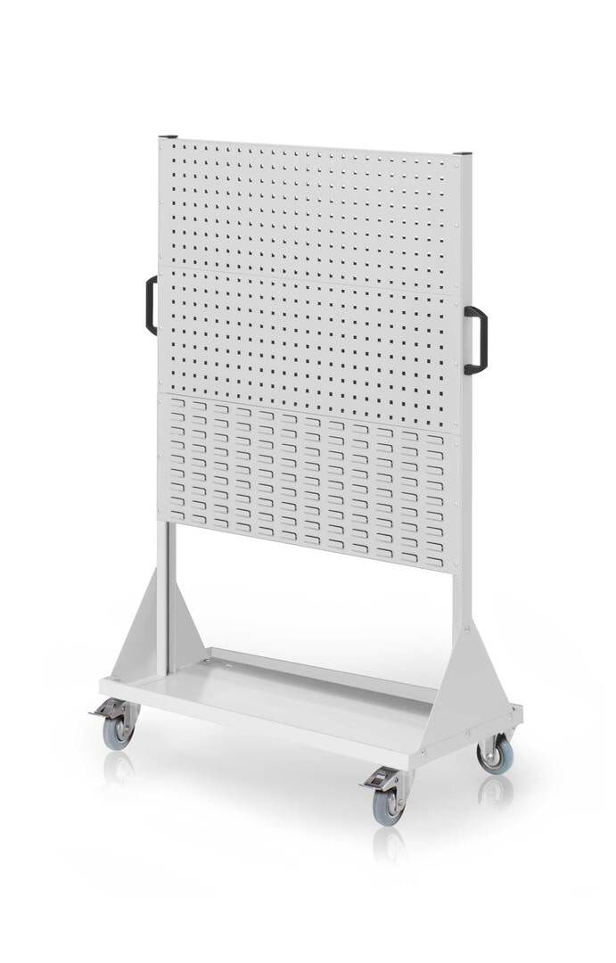 Mobiler Rollwagen, 4 Loch- und 2 Schlitzplatten, 10 Halter, 8 Sichtlagerkästen, SLK-Halter, Transportbehälter, 1.580 x 1.000 x 500 mm, Anthrazitgrau