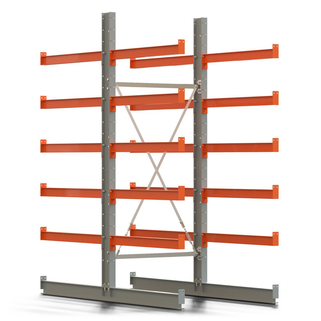 Doppelseitiges Kragarmregal, Anbauregal, 2.500 x 1.000 x 1.120 mm (HxBxT), Nutztiefe 500 mm, Kragarmlast 870 kg, KARL basic, silbergrau/reinorange