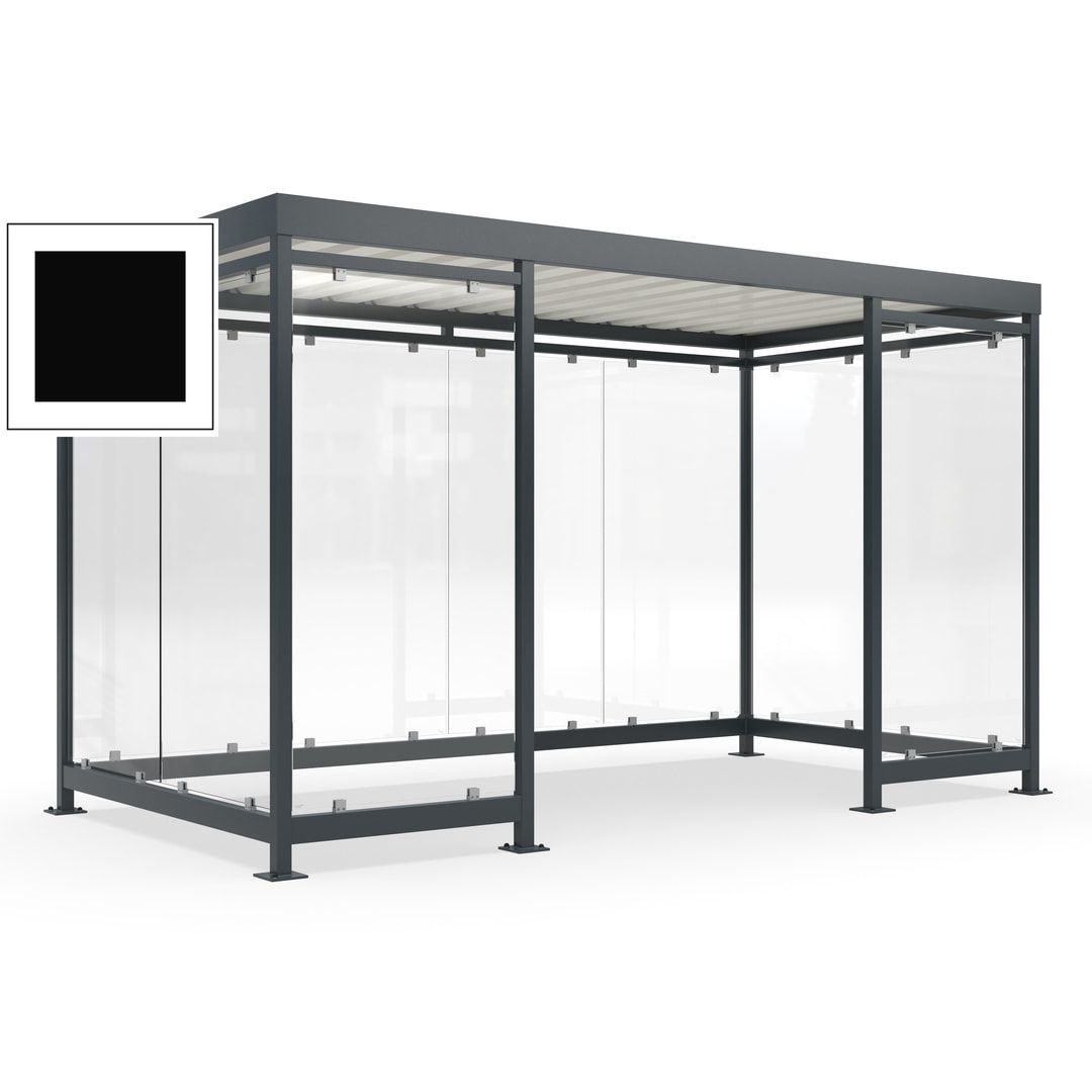 Fahrgastunterstand, Raucherunterstand, fertig montiert, Aufdübeln, 12-13 Personen, 2.510 x 4.195 x 2.165 mm (HxBxT), 10 Wände, Achatgrau