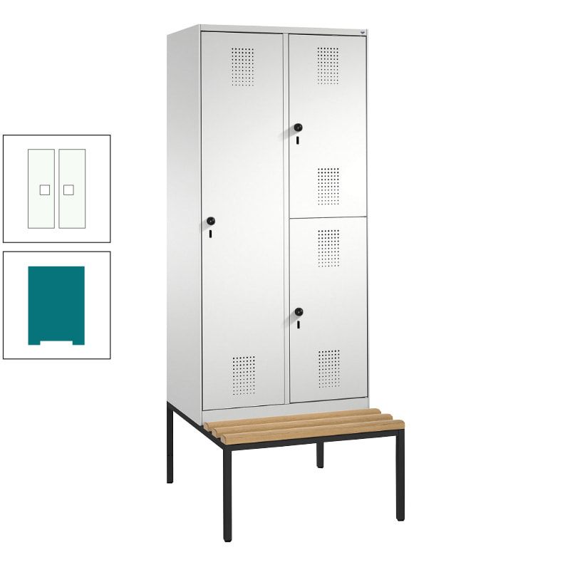 Garderobenschrank, Spind ein- und doppelstöckig Sitzbank, 2 Abteile, 3 Fächer, 2.090 x 800 x 500 mm (HxBxT), Front anthrazitgrau, Korpus anthrazitgrau