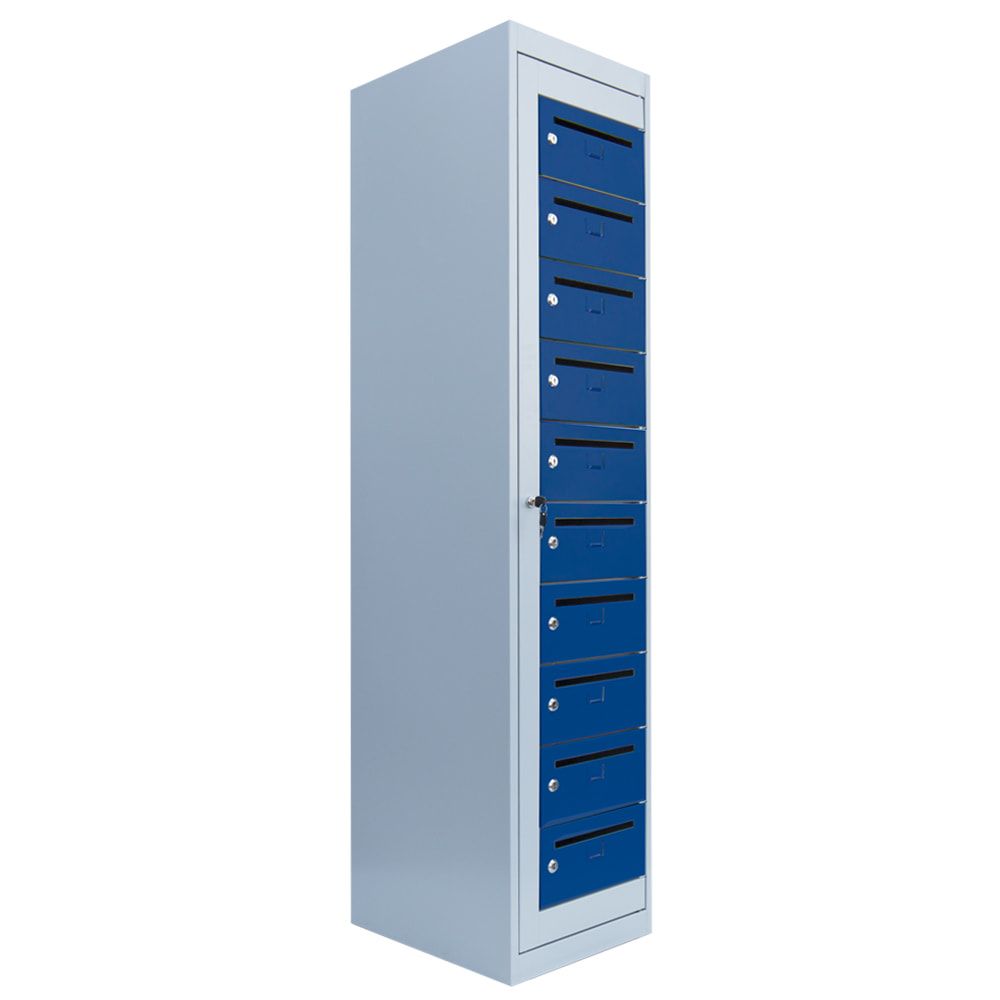 Postverteilerschrank, Ausgabeschrank, Fächerschrank, Zentraltür, 1 Abteil, 10 Fächer, 1.800 x 400 x 500 mm (HxBxT), Korpus lichtgrau, Front enzianblau