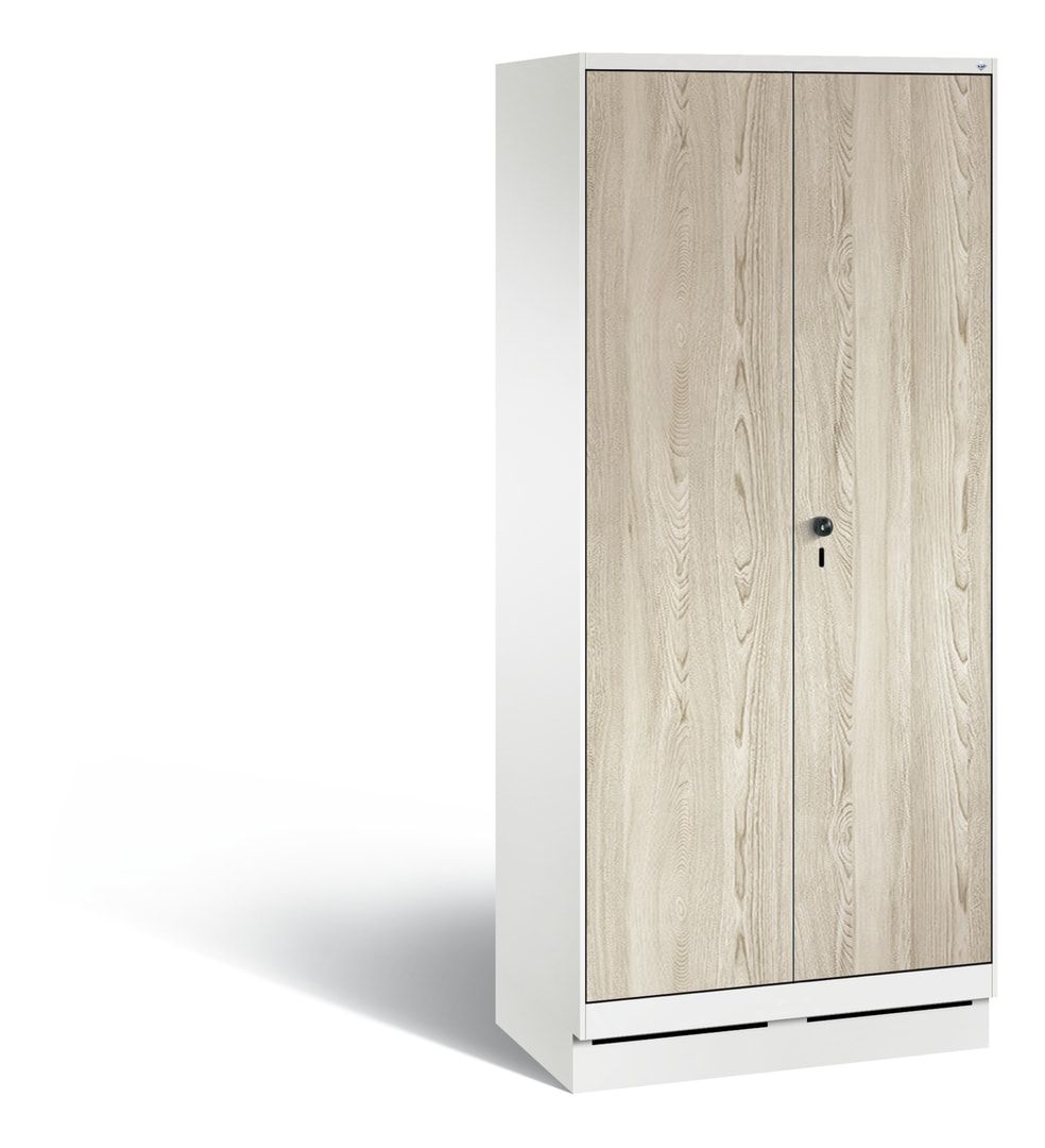 Doppel-Spind, Garderobenschrank auf Sockel, 2 Abteile a 400 mm, Korpus anthrazitgrau, Tür Dekorfront HPL Donau-Ahorn, 1.800 x 800 x 500 mm (HxBxT)