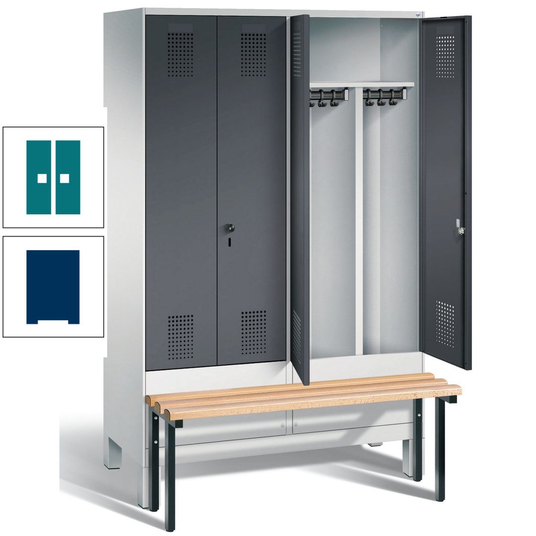 Doppel-Spind, Garderobenschrank, Buche Sitzbank vorgebaut, 4 Abteile a 300 mm, Korpus feuerrot, Tür Wasserblau, 1.850 x 1.200 x 815 mm (HxBxT)