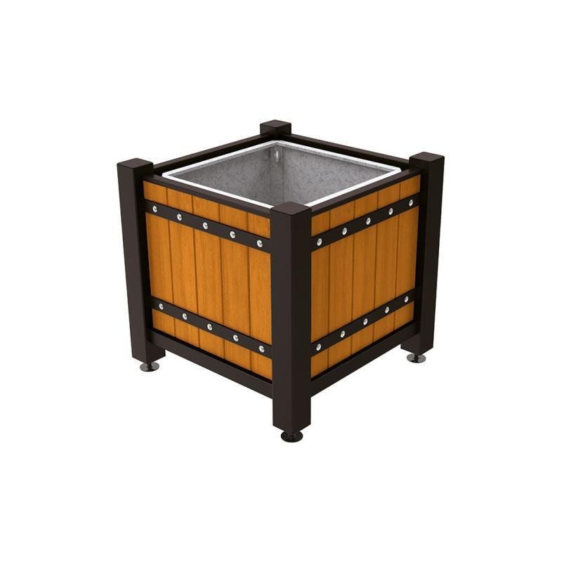 Pflanzbehälter, Pflanzgefäß, verzinkt, Eichenholzverkleidung, innen feuerverzinkt mit Verladungsgriffen , 855 x 880 x 880 mm(HxBxT), enzianblau