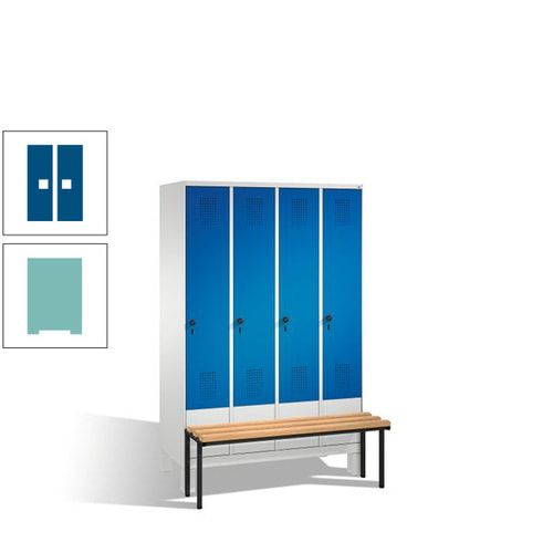 Stahl-Garderobenschrank, Spind, Buche Sitzbank vorgebaut, 4 Abteile a 300 mm, Korpus Lichtgrün, Tür Schwefelgelb, 1.850 x 1.200 x 815 mm (HxBxT)