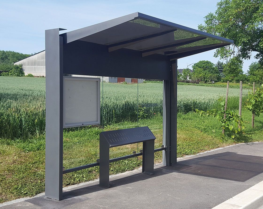 Buswartehalle, Haltestelle, Unterstand, Fahrplanschaukasten, Werbeanbringung möglich, ESG, Farbe Rostoptik, 2.450 x 3.000 x 1.550 mm (HxBxT)