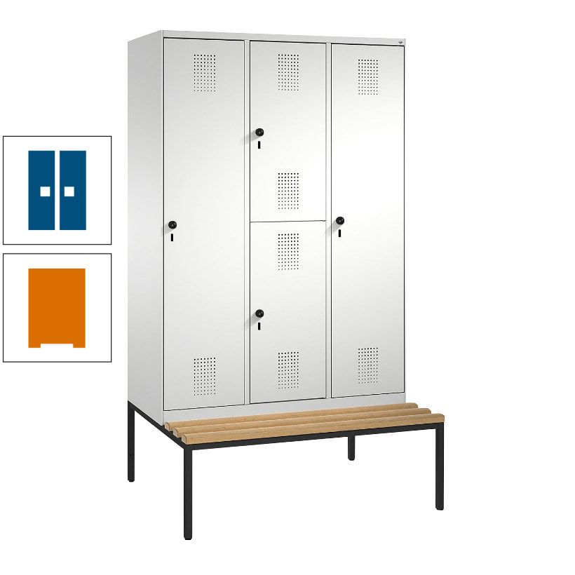 Garderobenschrank, Spind ein- und doppelstöckig Sitzbank, 3 Abteile, 4 Fächer, 2.090x1.200x500 mm (HxBxT), Front anthrazitgrau, Korpus anthrazitgrau