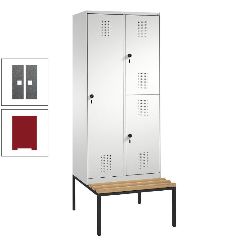Garderobenschrank, Spind ein- und doppelstöckig Sitzbank, 2 Abteile, 3 Fächer, 2.090 x 800 x 500 mm (HxBxT), Front anthrazitgrau, Korpus anthrazitgrau