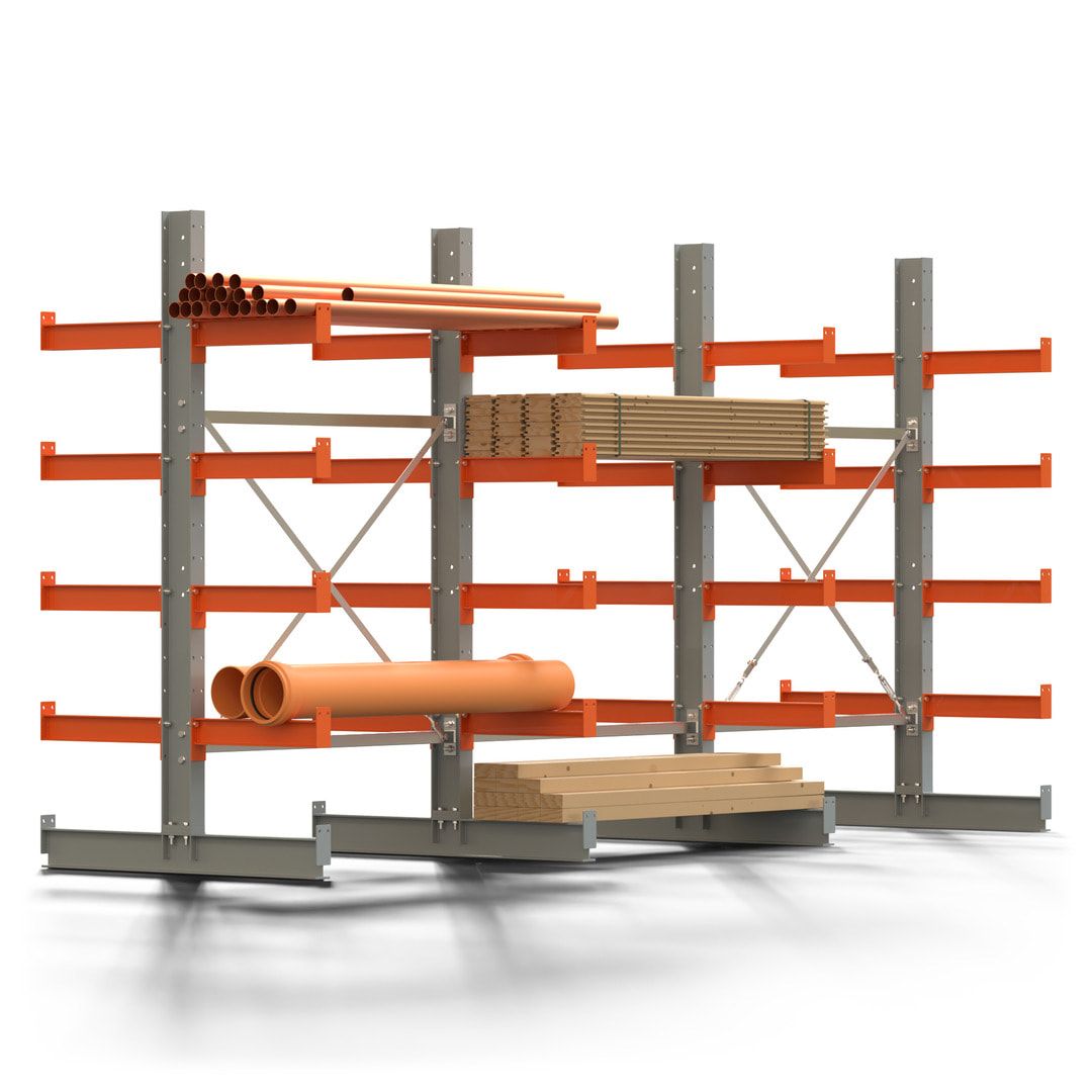 Doppelseitiges Kragarmregal, 2 Felder, 2.000 x 2.560 x 1.120 mm (HxBxT), Nutztiefe 500 mm, Kragarmlast 870 kg, KARL basic, silbergrau/reinorange