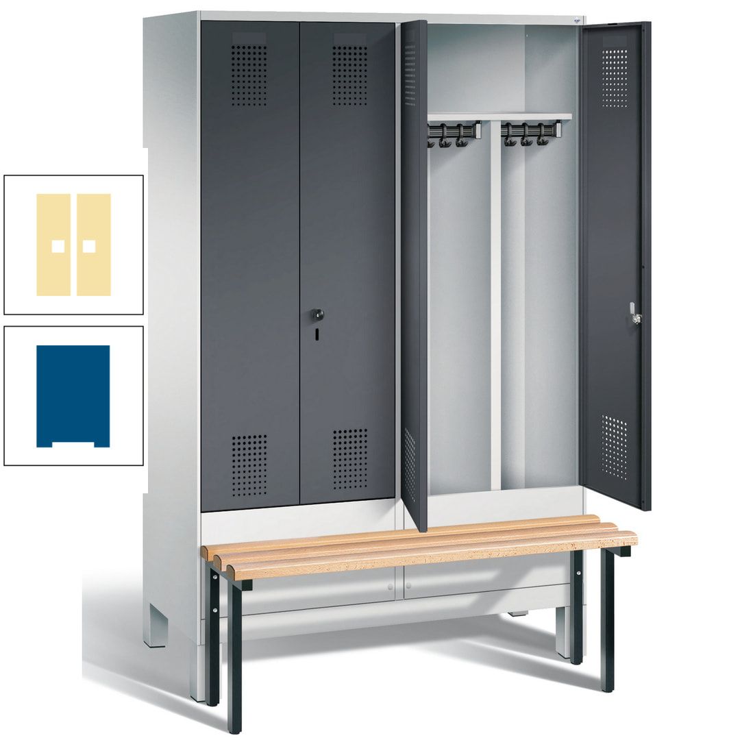 Doppel-Spind, Garderobenschrank, Buche Sitzbank vorgebaut, 4 Abteile a 300 mm, Korpus feuerrot, Tür Wasserblau, 1.850 x 1.200 x 815 mm (HxBxT)
