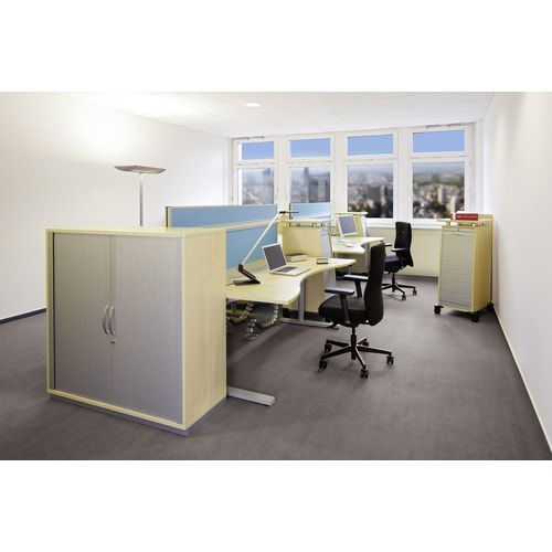 Querrollladenschrank, Dekoreinlageboden, Metallsockel/Standfüße, abschließbar, 768 x 1.000 x 425 mm (HxBxT), Korpusfarbe Ahorn, Frontfarbe silber