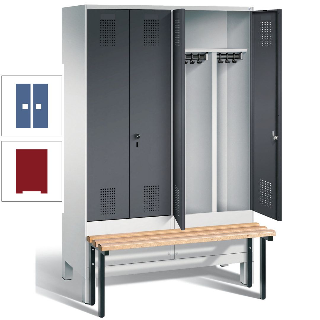 Doppel-Spind, Garderobenschrank, Buche Sitzbank vorgebaut, 4 Abteile a 300 mm, Korpus feuerrot, Tür Wasserblau, 1.850 x 1.200 x 815 mm (HxBxT)