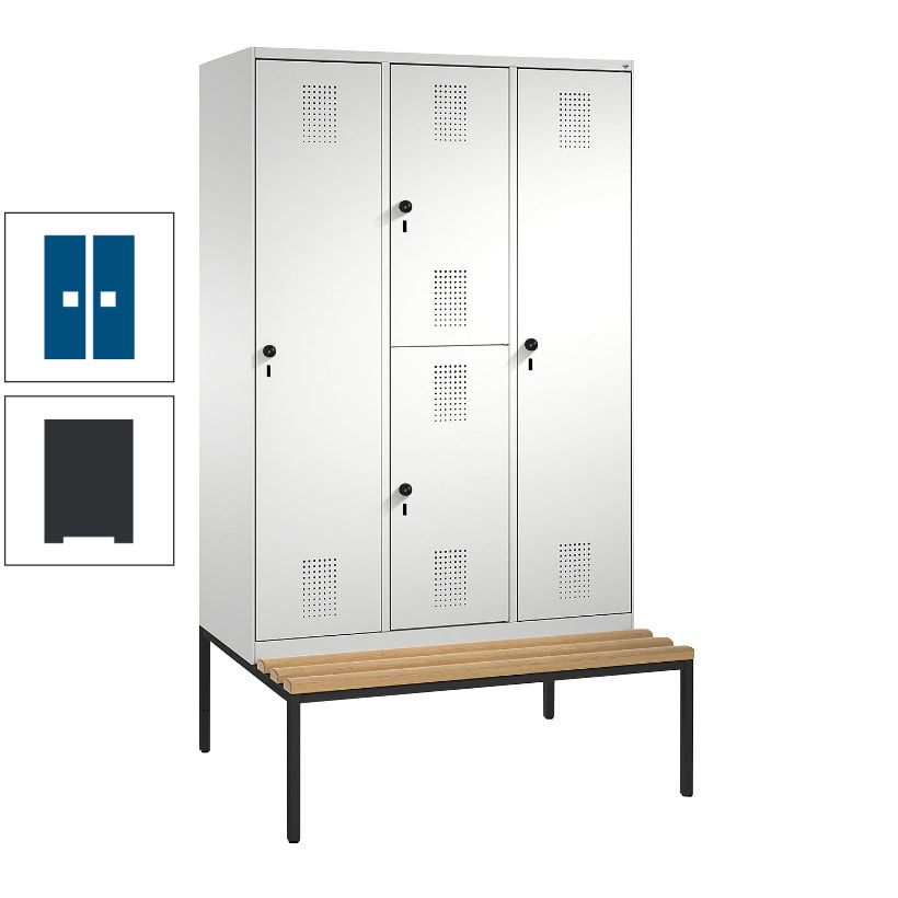 Garderobenschrank, Spind ein- und doppelstöckig Sitzbank, 3 Abteile, 4 Fächer, 2.090x1.200x500 mm (HxBxT), Front anthrazitgrau, Korpus anthrazitgrau