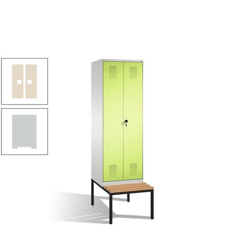 Doppel-Spind, Garderobenschrank, Buche Sitzbank untergebaut, 2 Abteile a 300 mm, Korpus anthrazitgrau, Tür anthrazitgrau, 2.090 x 600 x 815 mm (HxBxT)