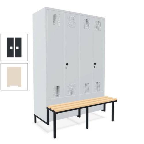 Doppel-Spind, Garderobenschrank, Buche Sitzbank integriert, 4 Abteile 300 mm, Korpus anthrazitgrau, Tür anthrazitgrau, 1.850 x 1.200 x 815 mm (HxBxT)