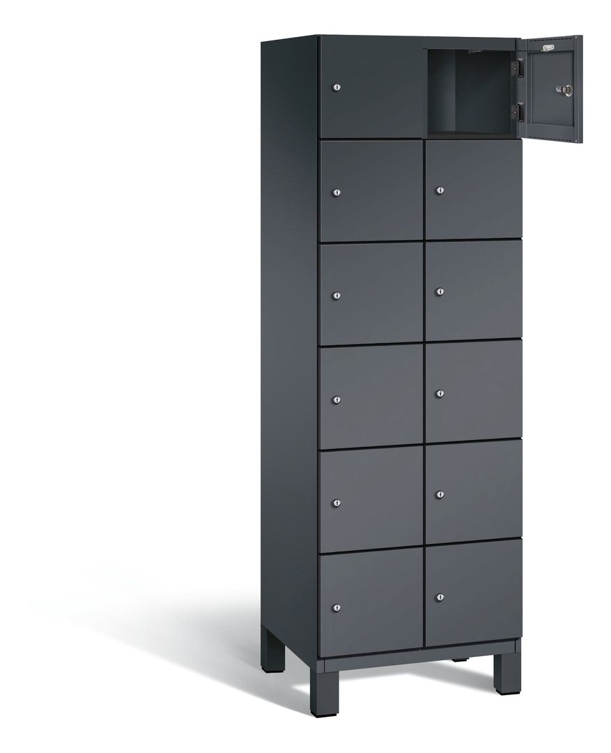 Fächerschrank, Stahlschrank, 12 Fächer, Türöffnungsbegrenzer, Füße, 1.980 x 600 x 525 mm (HxBxT), Korpus anthrazitgrau, Front anthrazitgrau
