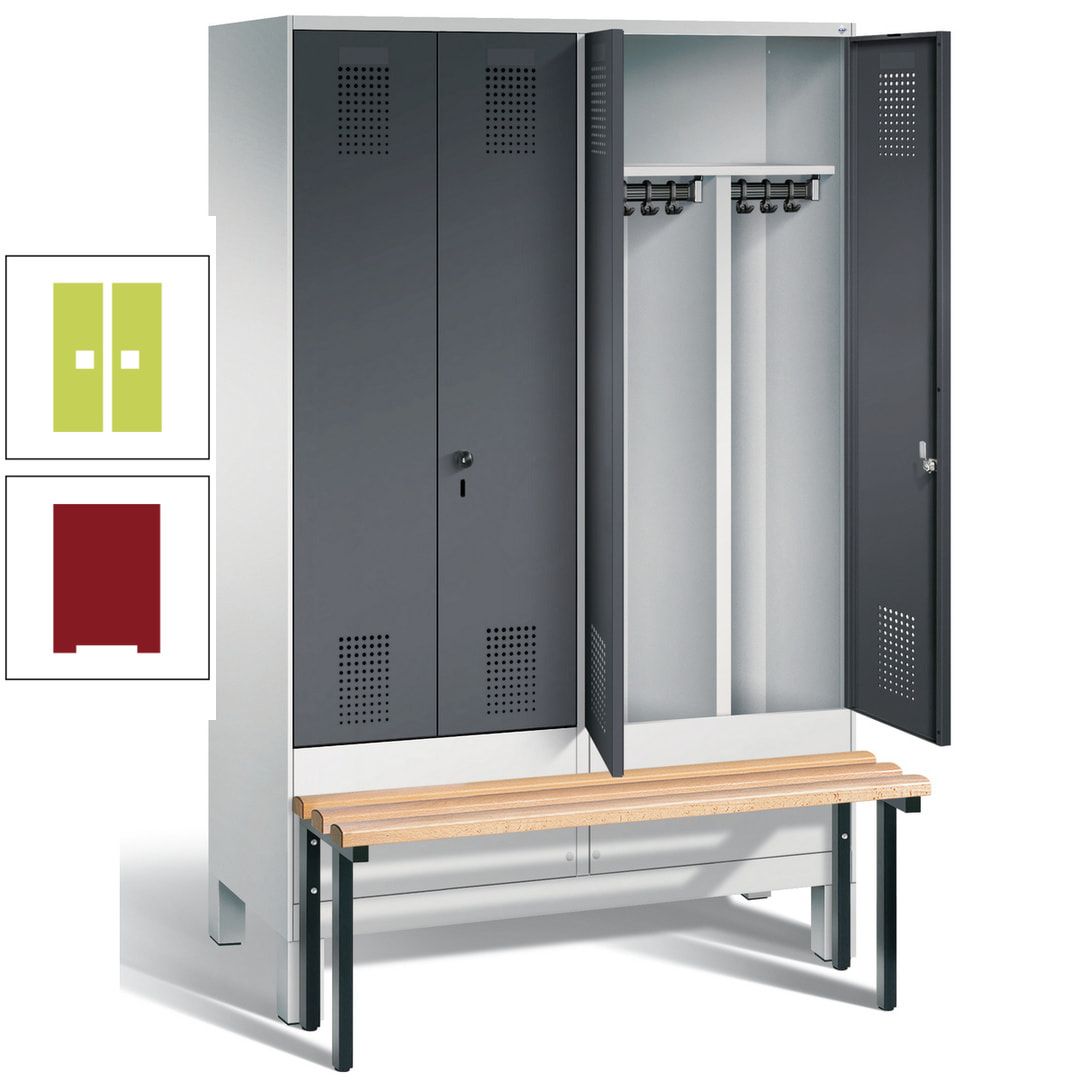Doppel-Spind, Garderobenschrank, Buche Sitzbank vorgebaut, 4 Abteile a 300 mm, Korpus feuerrot, Tür Wasserblau, 1.850 x 1.200 x 815 mm (HxBxT)