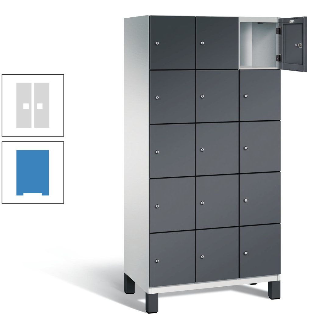 Fächerschrank, Stahlschrank, 15 Fächer, Türöffnungsbegrenzer, Füße, 1.980 x 900 x 525 mm (HxBxT), Korpus anthrazitgrau, Front anthrazitgrau
