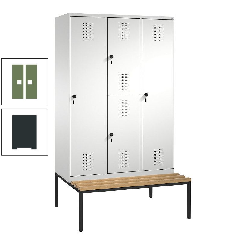 Garderobenschrank, Spind ein- und doppelstöckig Sitzbank, 3 Abteile, 4 Fächer, 2.090x1.200x500 mm (HxBxT), Front anthrazitgrau, Korpus anthrazitgrau